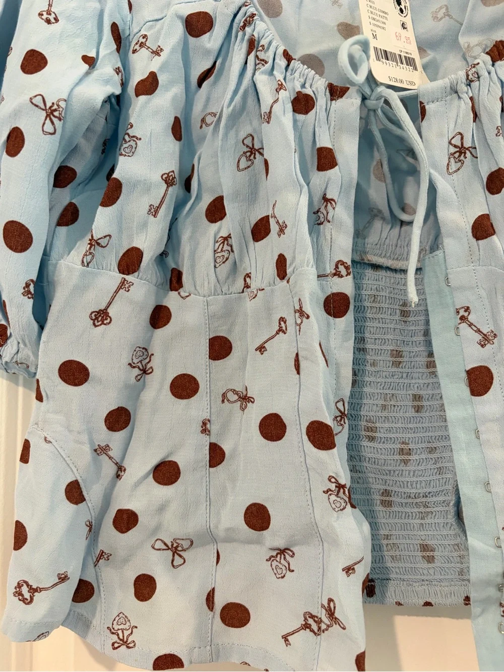 Free People Light Blue Polka Dot Puff Sleeve Tie-Front Corset Top